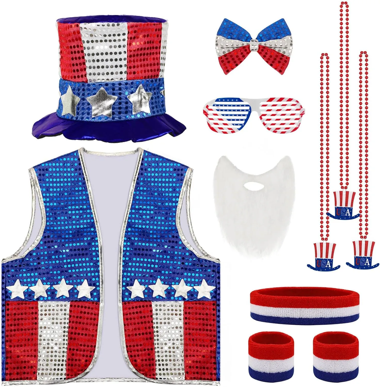 11 Pcs 4th of July Costume Patriotic Costume Accessories Set, American Patriotic Hat American Flag Headband Wristbands Vest Usa Sunglasses Necklaces Bow Ties Beard for Independence Day