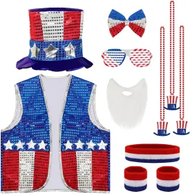 11 Pcs 4th of July Costume Patriotic Costume Accessories Set, American Patriotic Hat American Flag Headband Wristbands Vest Usa Sunglasses Necklaces Bow Ties Beard for Independence Day