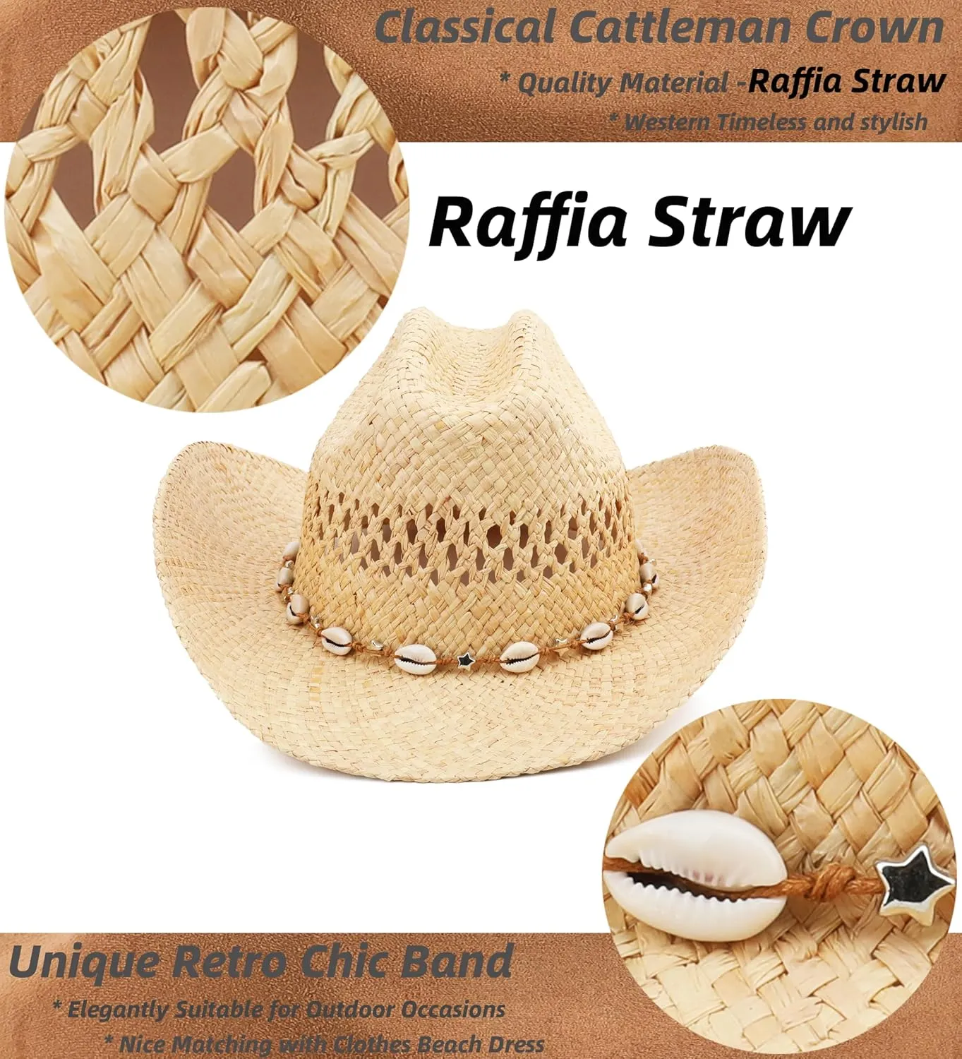 Cowboy Hat for Women with Shapeable Wide Brim - Beach Sun Raffia Straw Western Cowgirl Hat