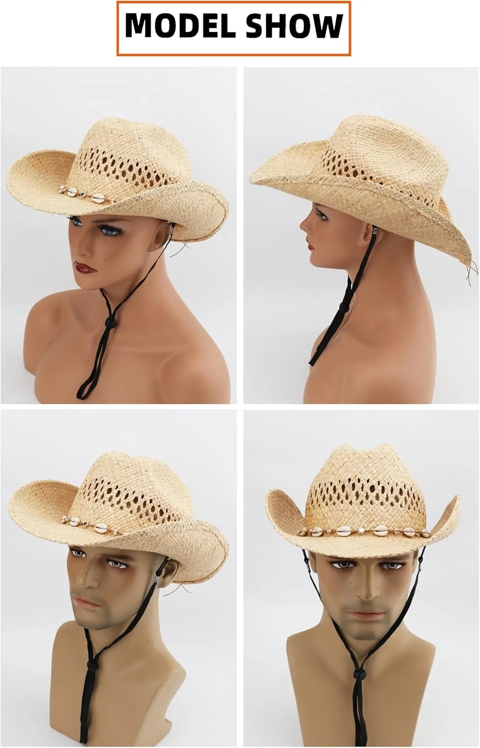 Cowboy Hat for Women with Shapeable Wide Brim - Beach Sun Raffia Straw Western Cowgirl Hat