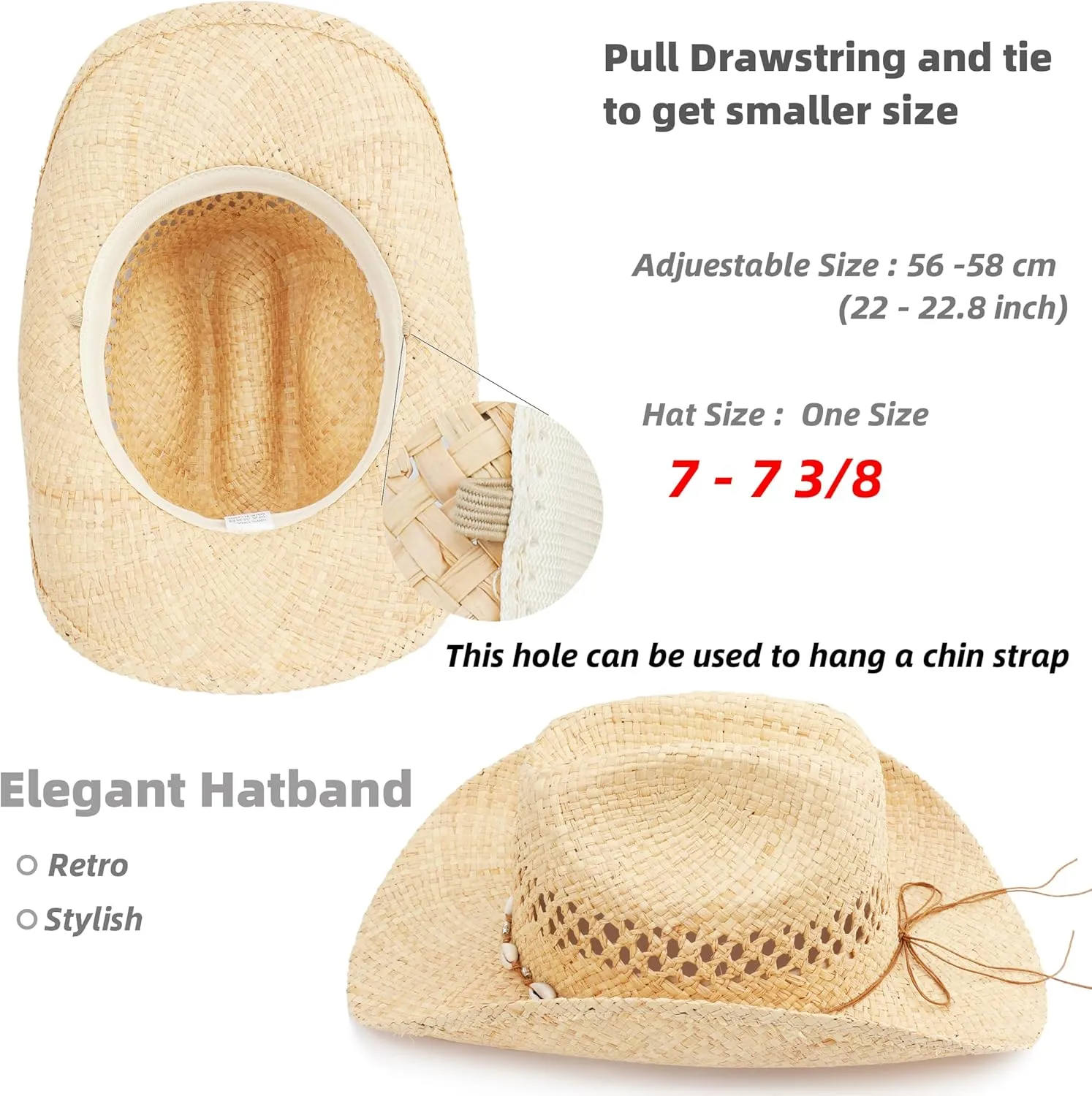 Cowboy Hat for Women with Shapeable Wide Brim - Beach Sun Raffia Straw Western Cowgirl Hat