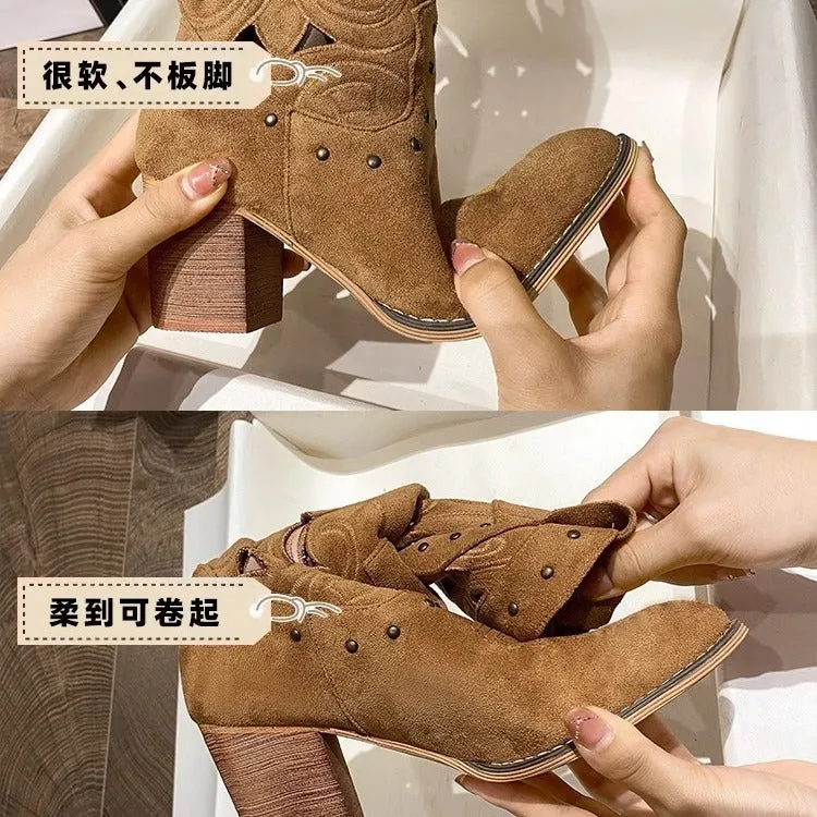 Cowhide Velvet Thick Heel Embroidery Knee-High Boots Women's  Spring and Autumn Sleeve Hollow out Knight Boots Denim Mid-Calf Martin Boots