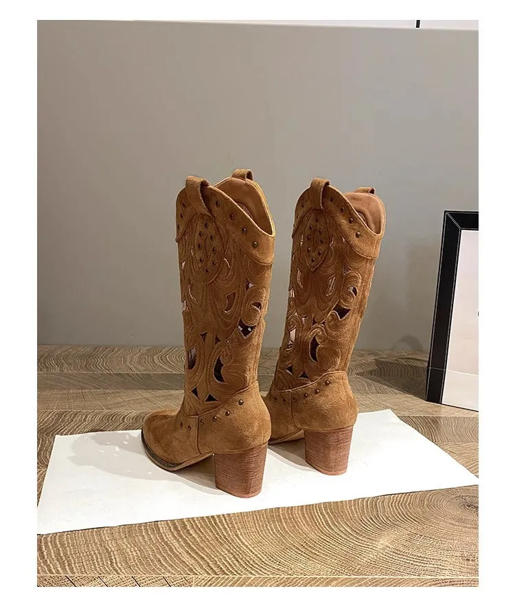 Cowhide Velvet Thick Heel Embroidery Knee-High Boots Women's  Spring and Autumn Sleeve Hollow out Knight Boots Denim Mid-Calf Martin Boots