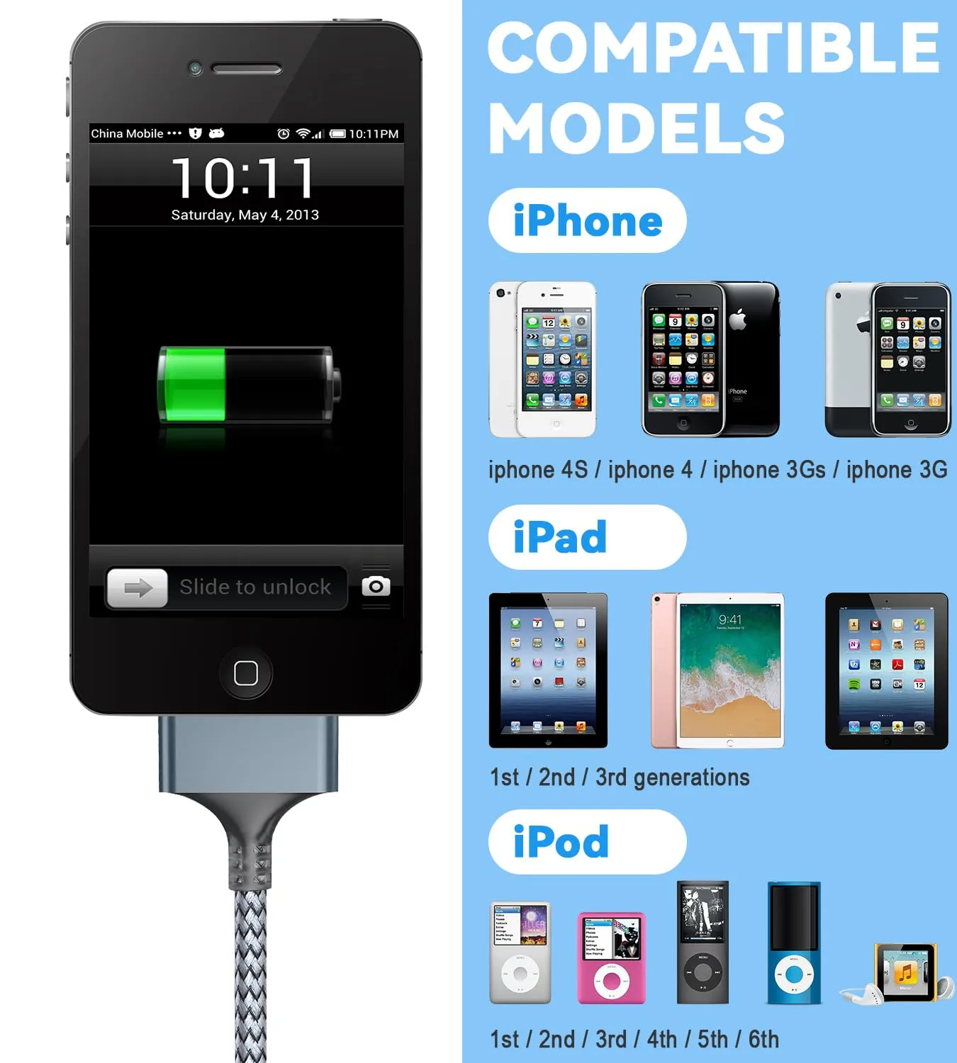 Herfair USB to 30 Pin Charger Cable Nylon Braided USB Charging Cord Compatible with i-Phone 4/4s/3G/3GS, iPad 1 2 3, iPod Touch 4 3 2 1, iPod Classic 3 2 1 (3FT)