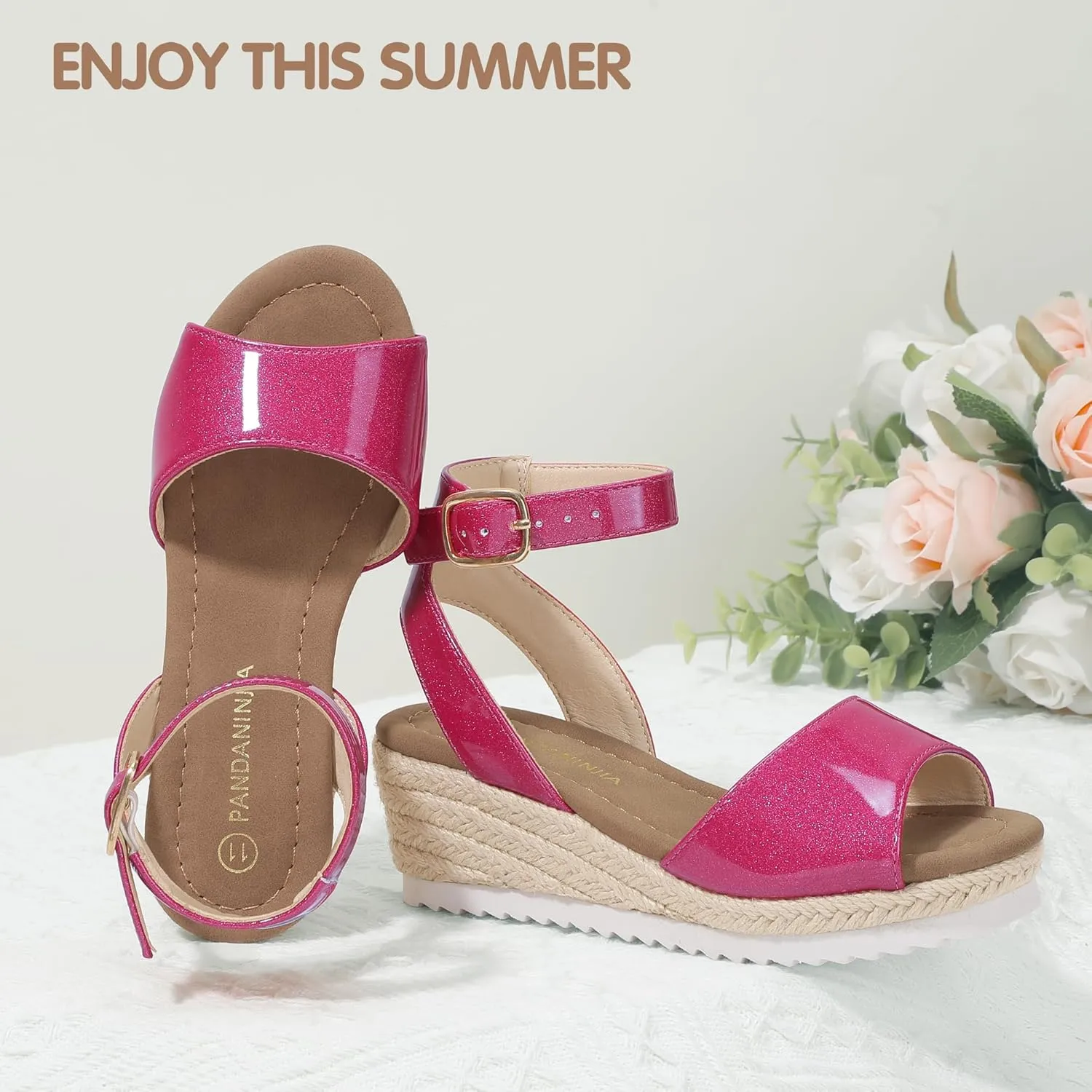 PANDANINJIA Girls Wedge Sandals Espadrilles Platform Heels for Girls Dress Shoes Ankle Strap Little Big Kids Sandals Summer Shoes