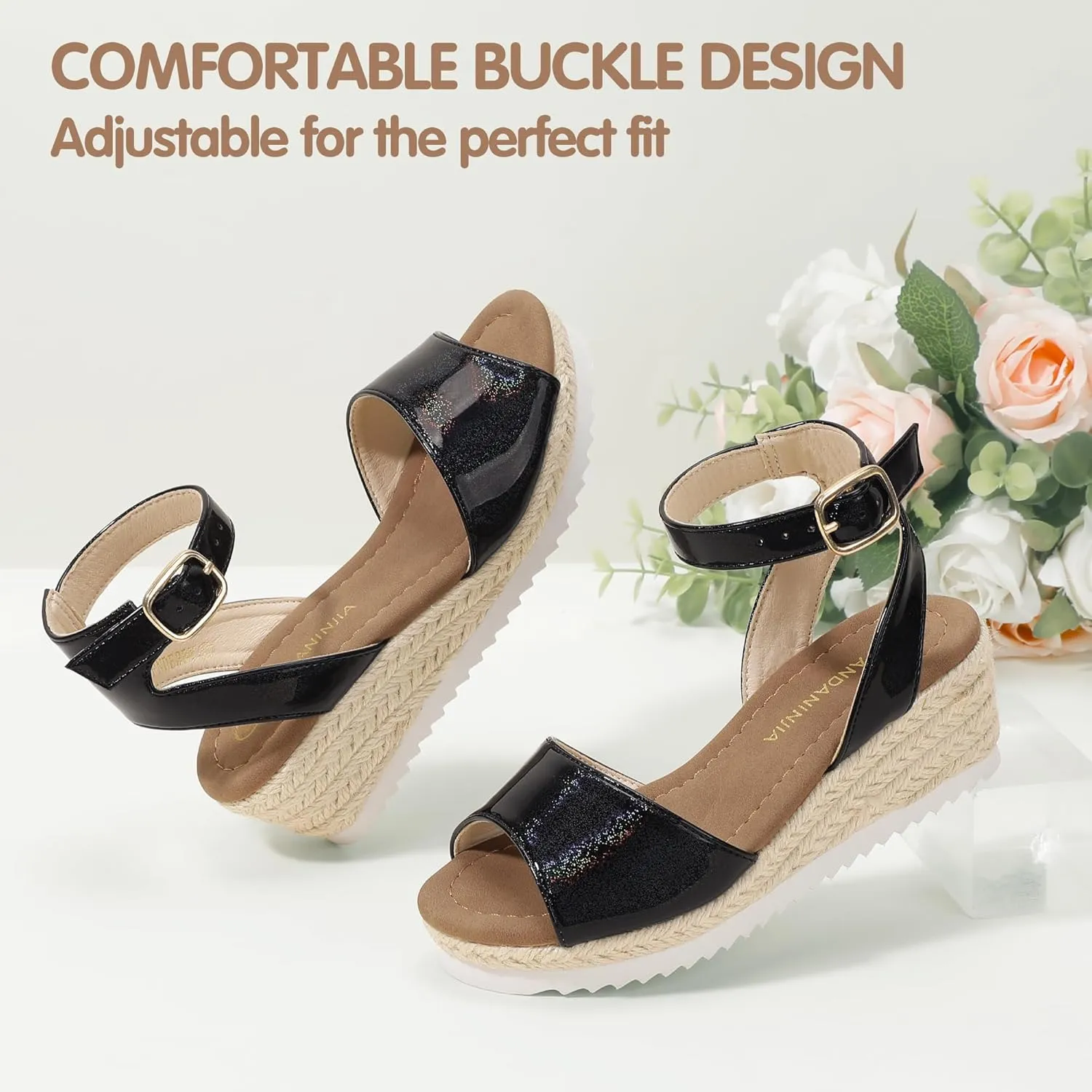 PANDANINJIA Girls Wedge Sandals Espadrilles Platform Heels for Girls Dress Shoes Ankle Strap Little Big Kids Sandals Summer Shoes