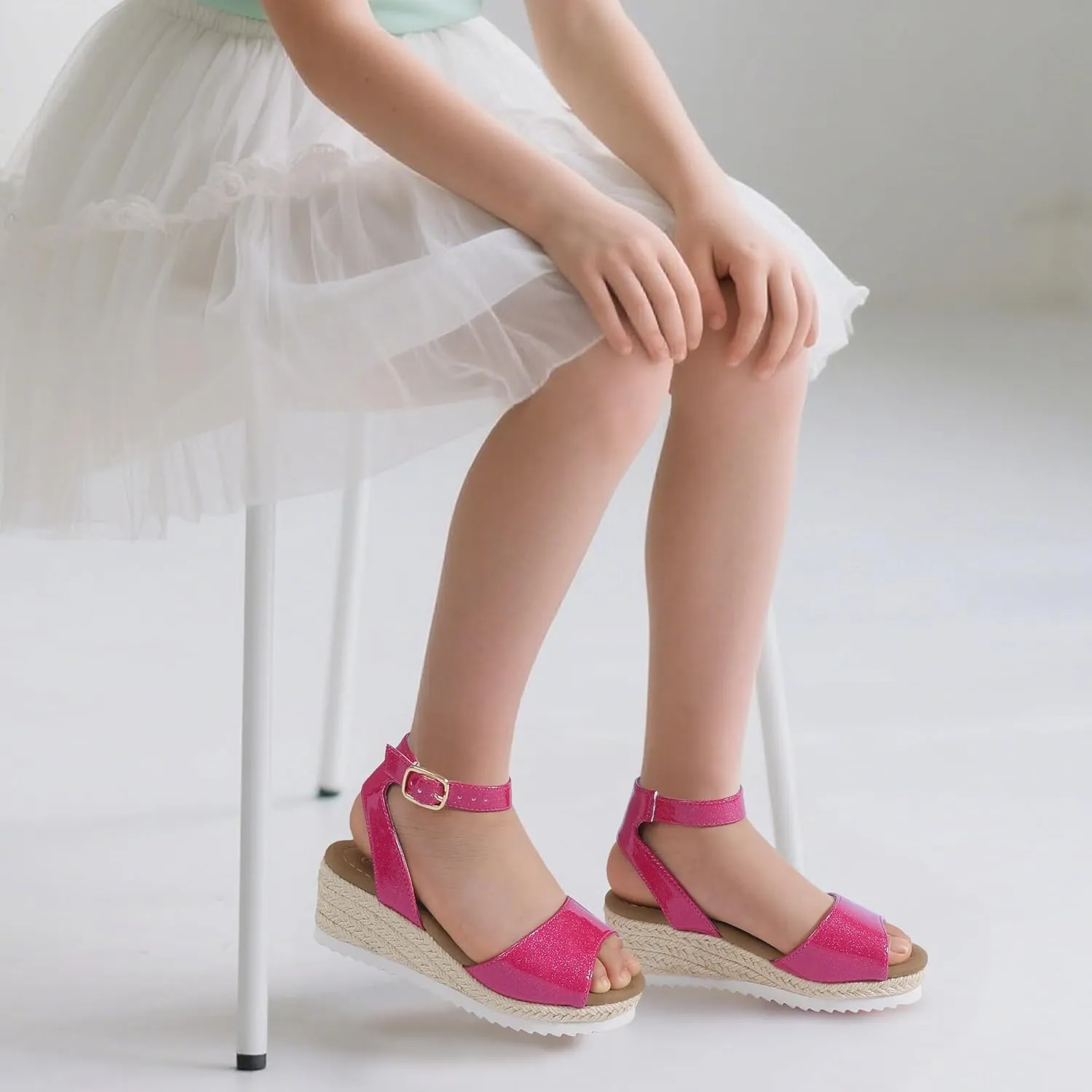 PANDANINJIA Girls Wedge Sandals Espadrilles Platform Heels for Girls Dress Shoes Ankle Strap Little Big Kids Sandals Summer Shoes