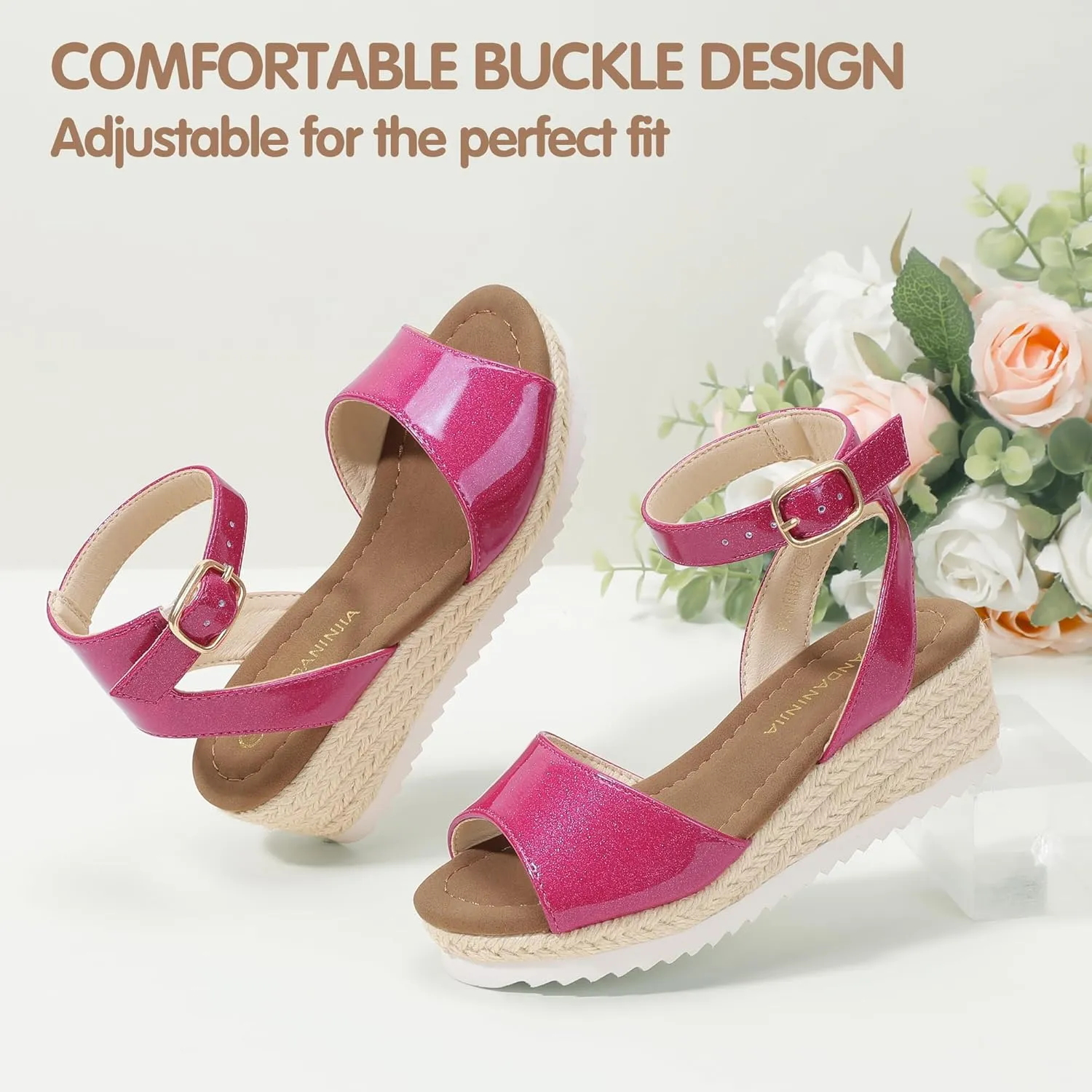PANDANINJIA Girls Wedge Sandals Espadrilles Platform Heels for Girls Dress Shoes Ankle Strap Little Big Kids Sandals Summer Shoes